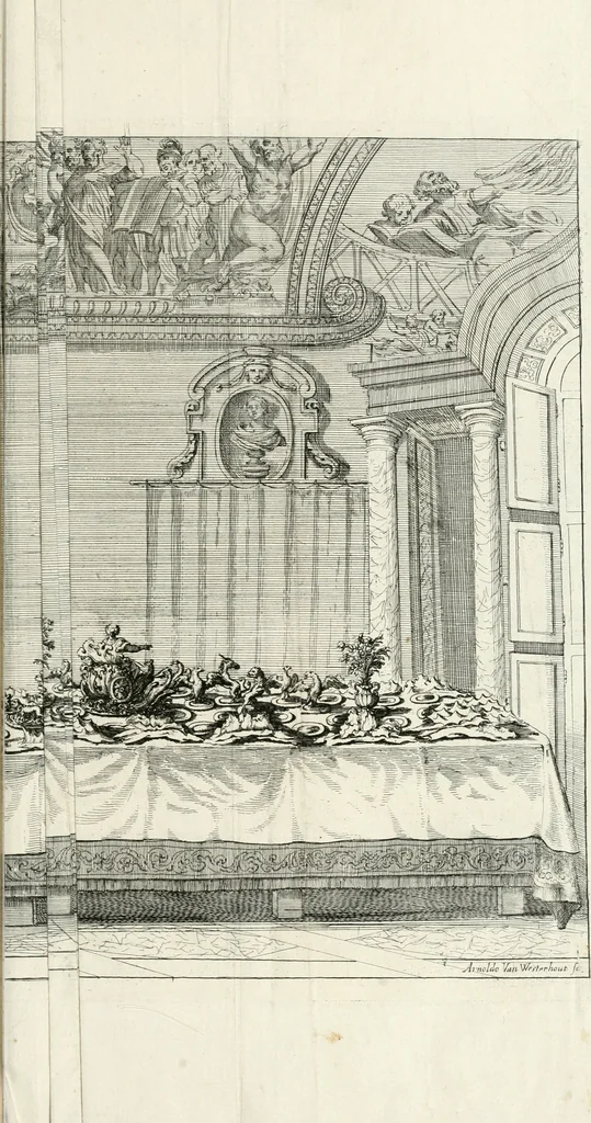 An illustration from Raggvaglio della solenne comparsa, fatta in Roma gli otto di gennaio MDCLXXXVII. dall'illvstrissimo, et eccellentissimo signor conte di Castelmaine ambasciadore straordinario della Sagra Real Maestà di Giacomo Secondo rè d'Inghilterra, Scozia, Francia, et Ibernia, difensore della fede alla Santa Sede Apostolica, in andare pvblicamente all'vdienza della Santità di Nostro Signore Papa Innocenzo Vndecimo, 1687, leaf 106
