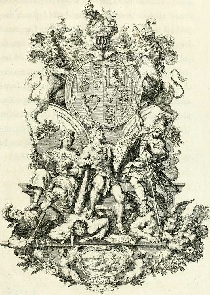 An illustration from Raggvaglio della solenne comparsa, fatta in Roma gli otto di gennaio MDCLXXXVII. dall'illvstrissimo, et eccellentissimo signor conte di Castelmaine ambasciadore straordinario della Sagra Real Maestà di Giacomo Secondo rè d'Inghilterra, Scozia, Francia, et Ibernia, difensore della fede alla Santa Sede Apostolica, in andare pvblicamente all'vdienza della Santità di Nostro Signore Papa Innocenzo Vndecimo, 1687, leaf 46