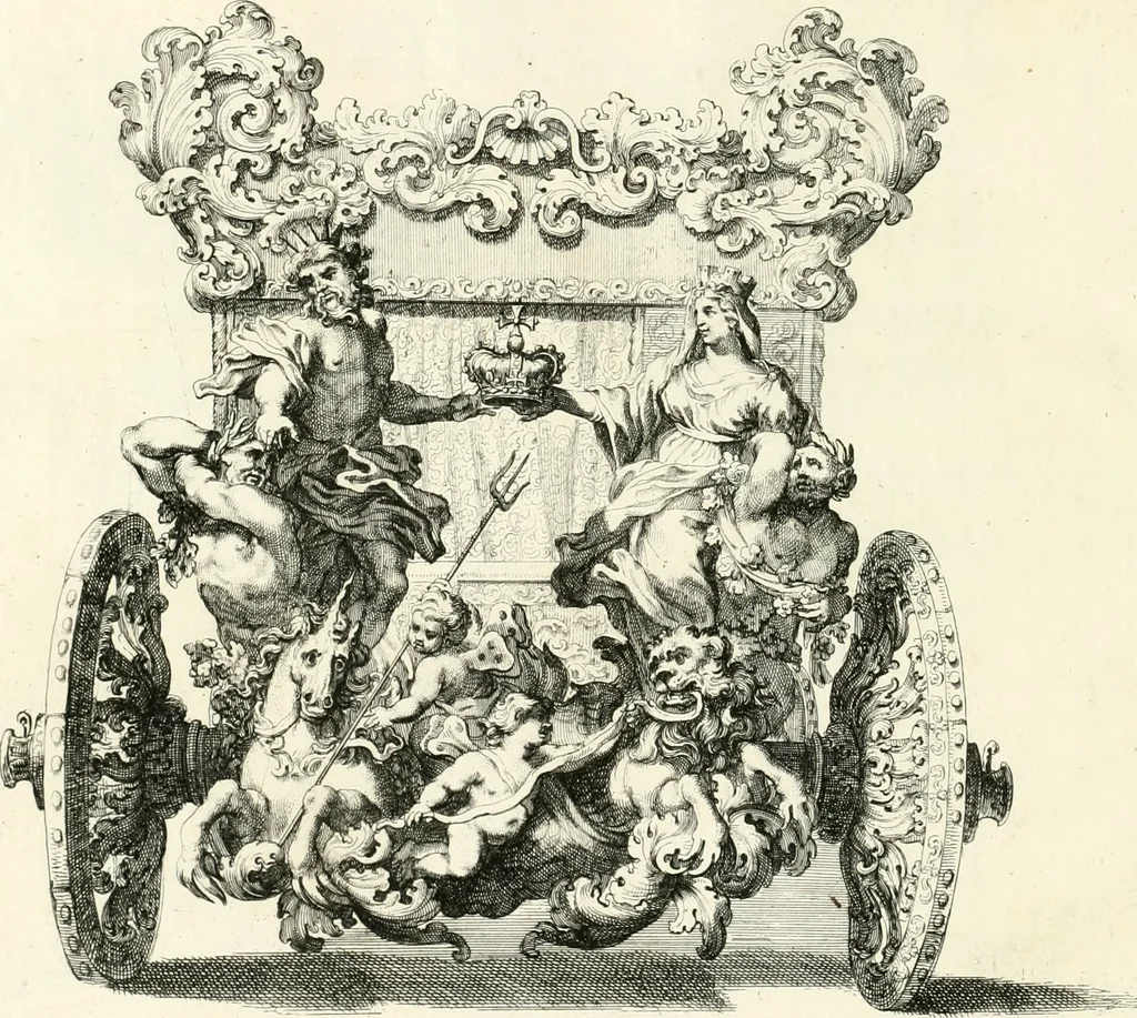 An illustration from Raggvaglio della solenne comparsa, fatta in Roma gli otto di gennaio MDCLXXXVII. dall'illvstrissimo, et eccellentissimo signor conte di Castelmaine ambasciadore straordinario della Sagra Real Maestà di Giacomo Secondo rè d'Inghilterra, Scozia, Francia, et Ibernia, difensore della fede alla Santa Sede Apostolica, in andare pvblicamente all'vdienza della Santità di Nostro Signore Papa Innocenzo Vndecimo, 1687, leaf 57