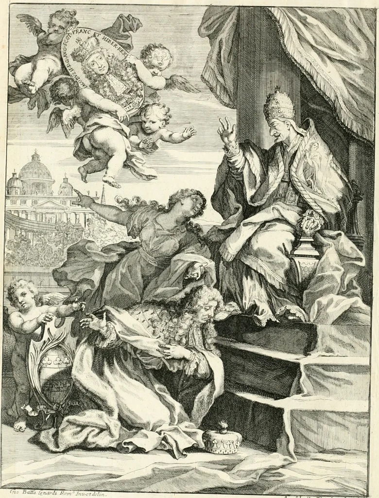 An illustration from Raggvaglio della solenne comparsa, fatta in Roma gli otto di gennaio MDCLXXXVII. dall'illvstrissimo, et eccellentissimo signor conte di Castelmaine ambasciadore straordinario della Sagra Real Maestà di Giacomo Secondo rè d'Inghilterra, Scozia, Francia, et Ibernia, difensore della fede alla Santa Sede Apostolica, in andare pvblicamente all'vdienza della Santità di Nostro Signore Papa Innocenzo Vndecimo, 1687, leaf 7