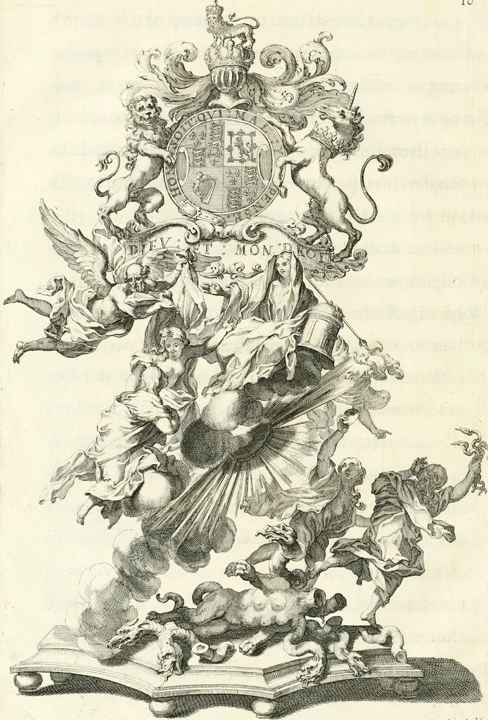 An illustration from Raggvaglio della solenne comparsa, fatta in Roma gli otto di gennaio MDCLXXXVII. dall'illvstrissimo, et eccellentissimo signor conte di Castelmaine ambasciadore straordinario della Sagra Real Maestà di Giacomo Secondo rè d'Inghilterra, Scozia, Francia, et Ibernia, difensore della fede alla Santa Sede Apostolica, in andare pvblicamente all'vdienza della Santità di Nostro Signore Papa Innocenzo Vndecimo, 1687, leaf 87