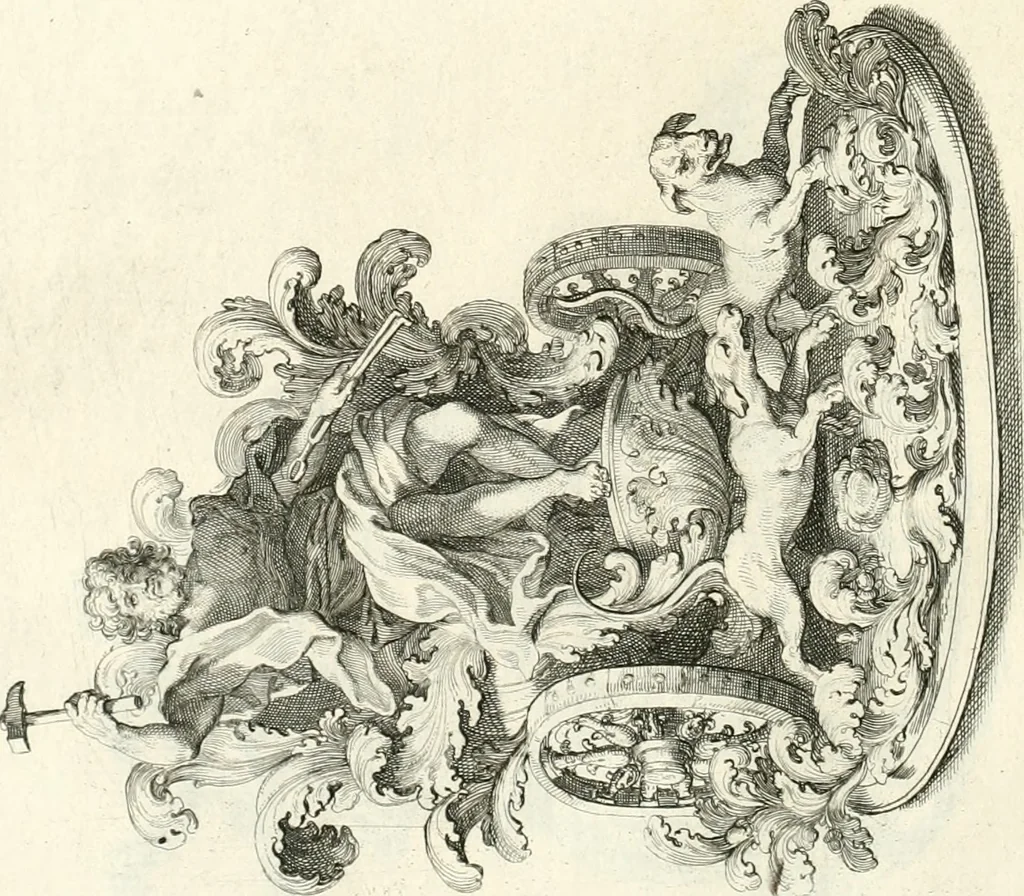An illustration from Raggvaglio della solenne comparsa, fatta in Roma gli otto di gennaio MDCLXXXVII. dall'illvstrissimo, et eccellentissimo signor conte di Castelmaine ambasciadore straordinario della Sagra Real Maestà di Giacomo Secondo rè d'Inghilterra, Scozia, Francia, et Ibernia, difensore della fede alla Santa Sede Apostolica, in andare pvblicamente all'vdienza della Santità di Nostro Signore Papa Innocenzo Vndecimo, 1687, leaf 93