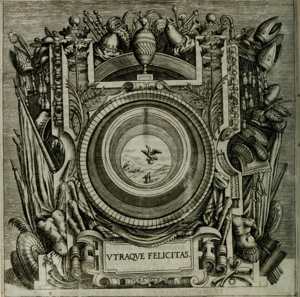 An illustration from Ragionamento di Luca Contile sopra la proprietà delle imprese con le particolari de gli academici Affidati et con le interpretationi et croniche .., 1574, leaf 107