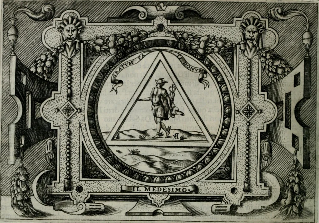 An illustration from Ragionamento di Luca Contile sopra la proprietà delle imprese con le particolari de gli academici Affidati et con le interpretationi et croniche .., 1574, leaf 149