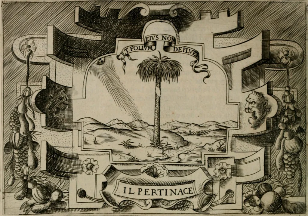 An illustration from Ragionamento di Luca Contile sopra la proprietà delle imprese con le particolari de gli academici Affidati et con le interpretationi et croniche .., 1574, leaf 153