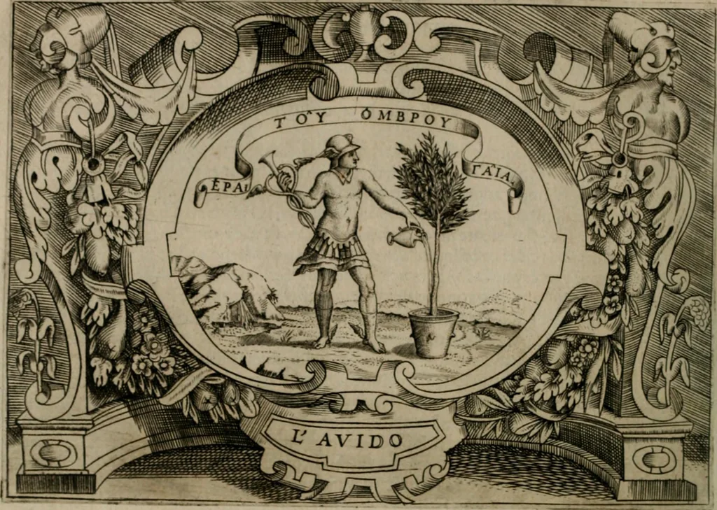 An illustration from Ragionamento di Luca Contile sopra la proprietà delle imprese con le particolari de gli academici Affidati et con le interpretationi et croniche .., 1574, leaf 155