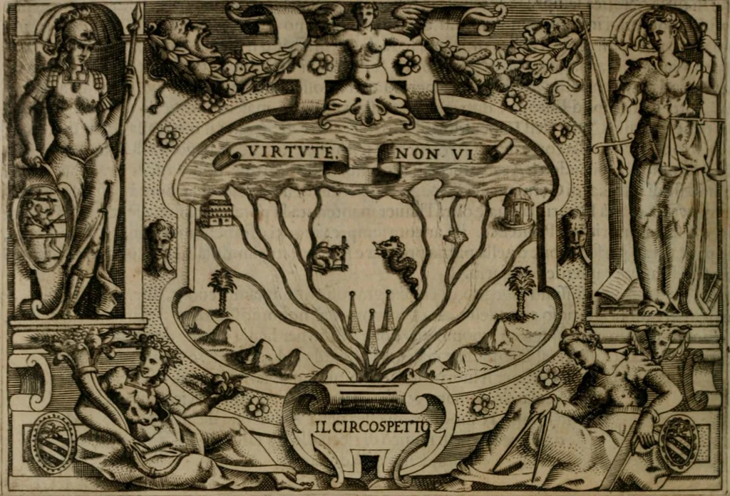 An illustration from Ragionamento di Luca Contile sopra la proprietà delle imprese con le particolari de gli academici Affidati et con le interpretationi et croniche .., 1574, leaf 157