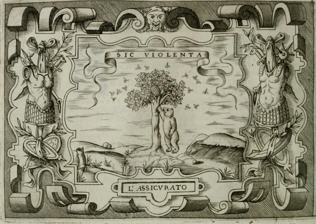 An illustration from Ragionamento di Luca Contile sopra la proprietà delle imprese con le particolari de gli academici Affidati et con le interpretationi et croniche .., 1574, leaf 165