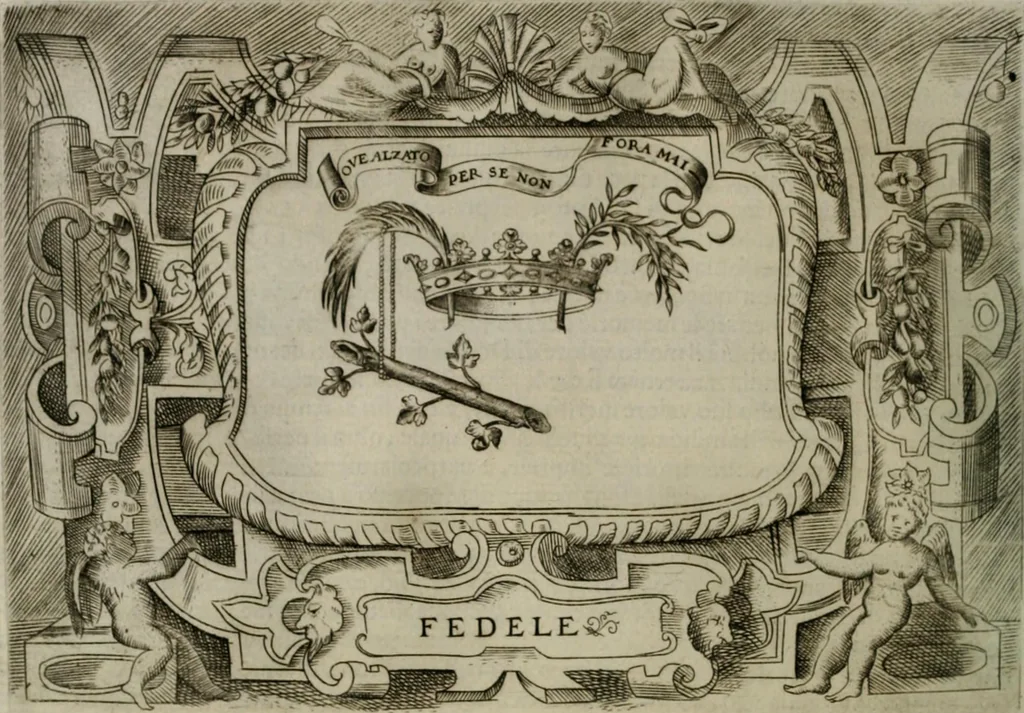 An illustration from Ragionamento di Luca Contile sopra la proprietà delle imprese con le particolari de gli academici Affidati et con le interpretationi et croniche .., 1574, leaf 177