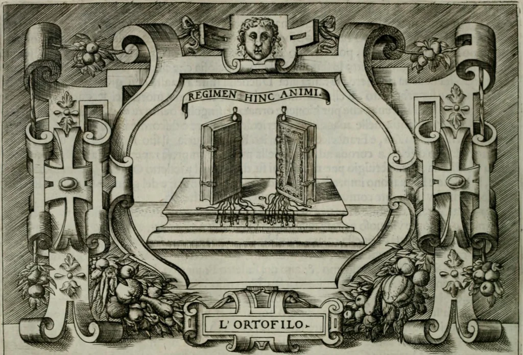 An illustration from Ragionamento di Luca Contile sopra la proprietà delle imprese con le particolari de gli academici Affidati et con le interpretationi et croniche .., 1574, leaf 179
