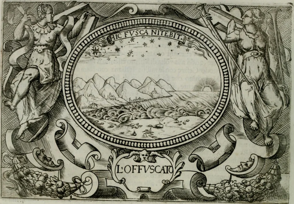 An illustration from Ragionamento di Luca Contile sopra la proprietà delle imprese con le particolari de gli academici Affidati et con le interpretationi et croniche .., 1574, leaf 185