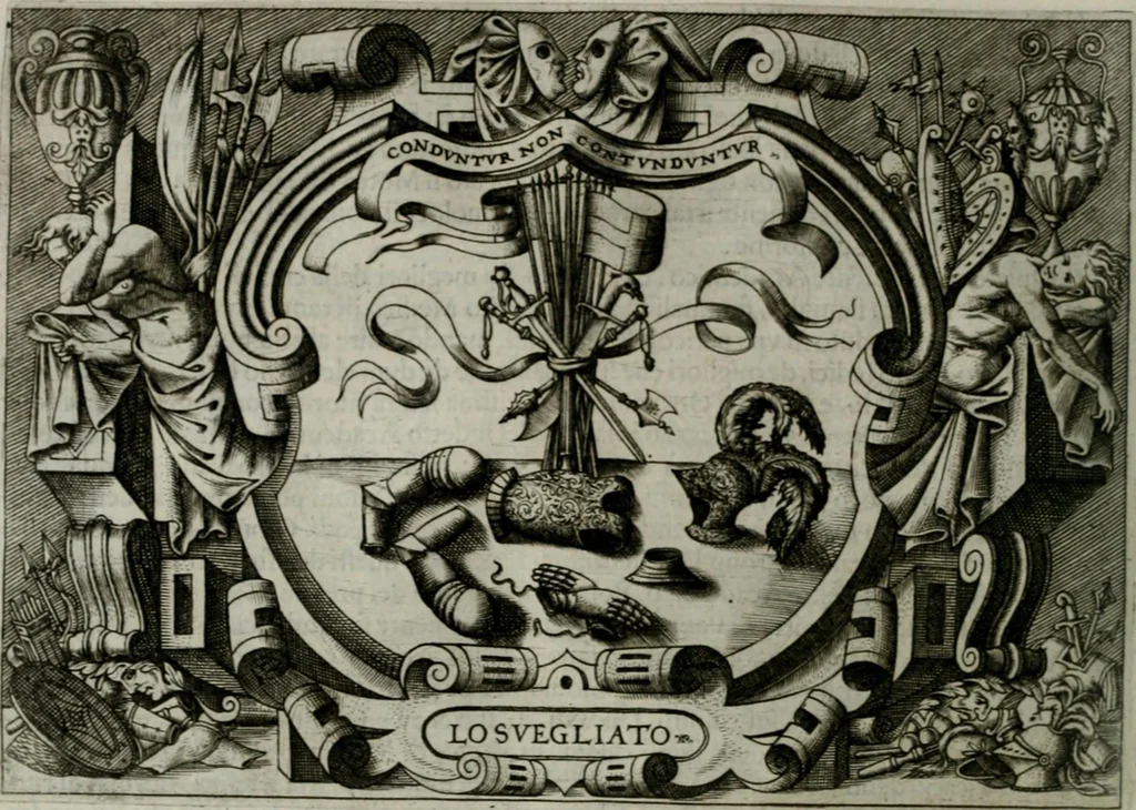 An illustration from Ragionamento di Luca Contile sopra la proprietà delle imprese con le particolari de gli academici Affidati et con le interpretationi et croniche .., 1574, leaf 197