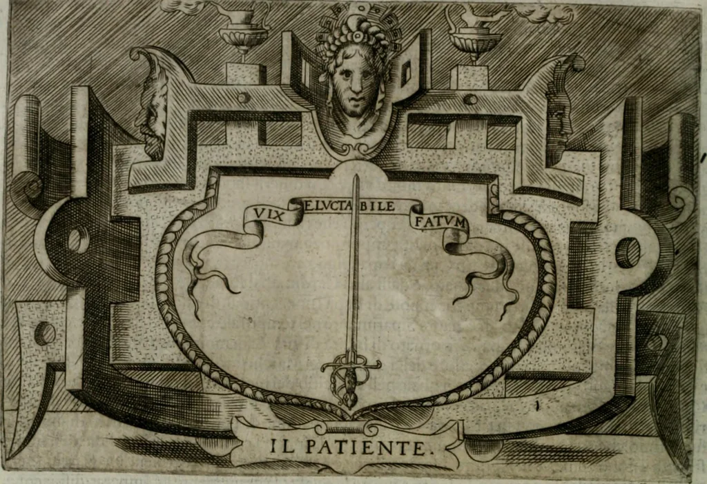 An illustration from Ragionamento di Luca Contile sopra la proprietà delle imprese con le particolari de gli academici Affidati et con le interpretationi et croniche .., 1574, leaf 209