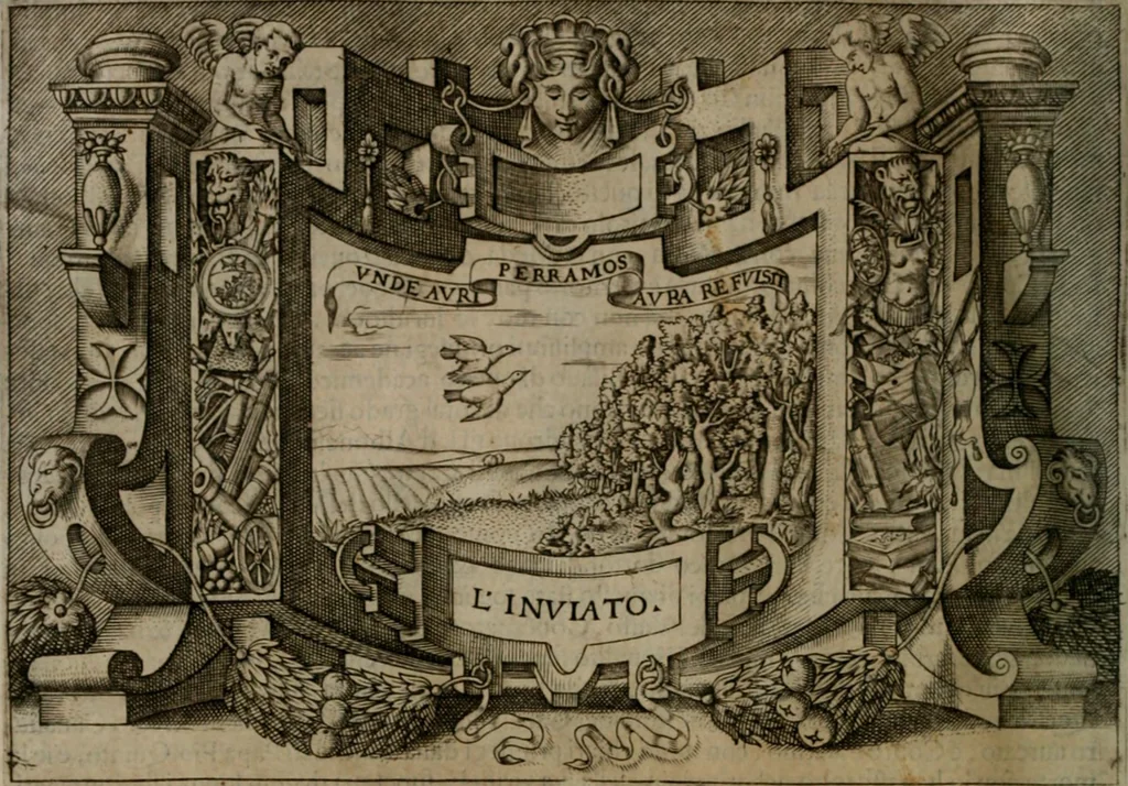 An illustration from Ragionamento di Luca Contile sopra la proprietà delle imprese con le particolari de gli academici Affidati et con le interpretationi et croniche .., 1574, leaf 213
