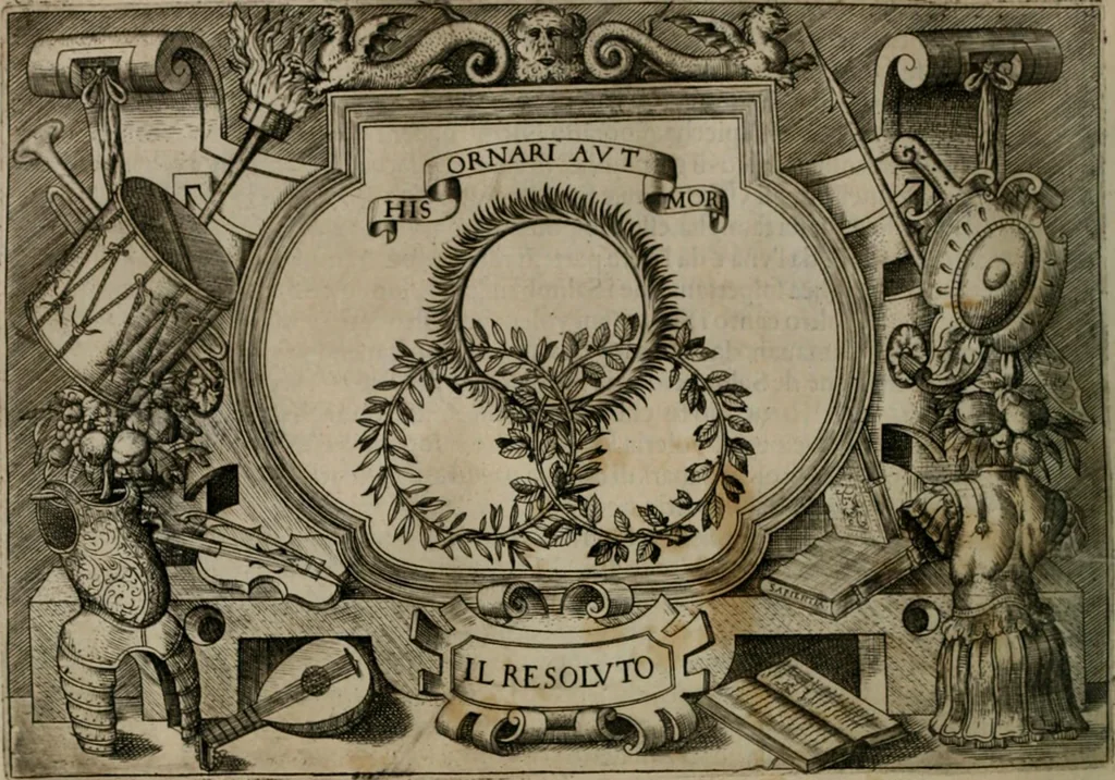 An illustration from Ragionamento di Luca Contile sopra la proprietà delle imprese con le particolari de gli academici Affidati et con le interpretationi et croniche .., 1574, leaf 219