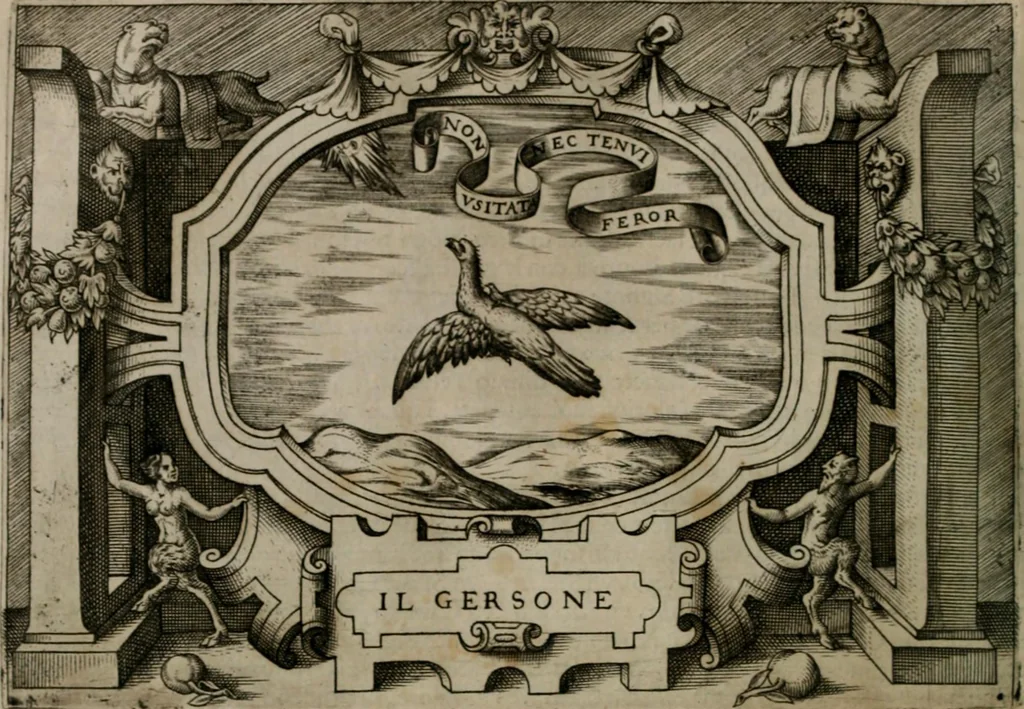 An illustration from Ragionamento di Luca Contile sopra la proprietà delle imprese con le particolari de gli academici Affidati et con le interpretationi et croniche .., 1574, leaf 221