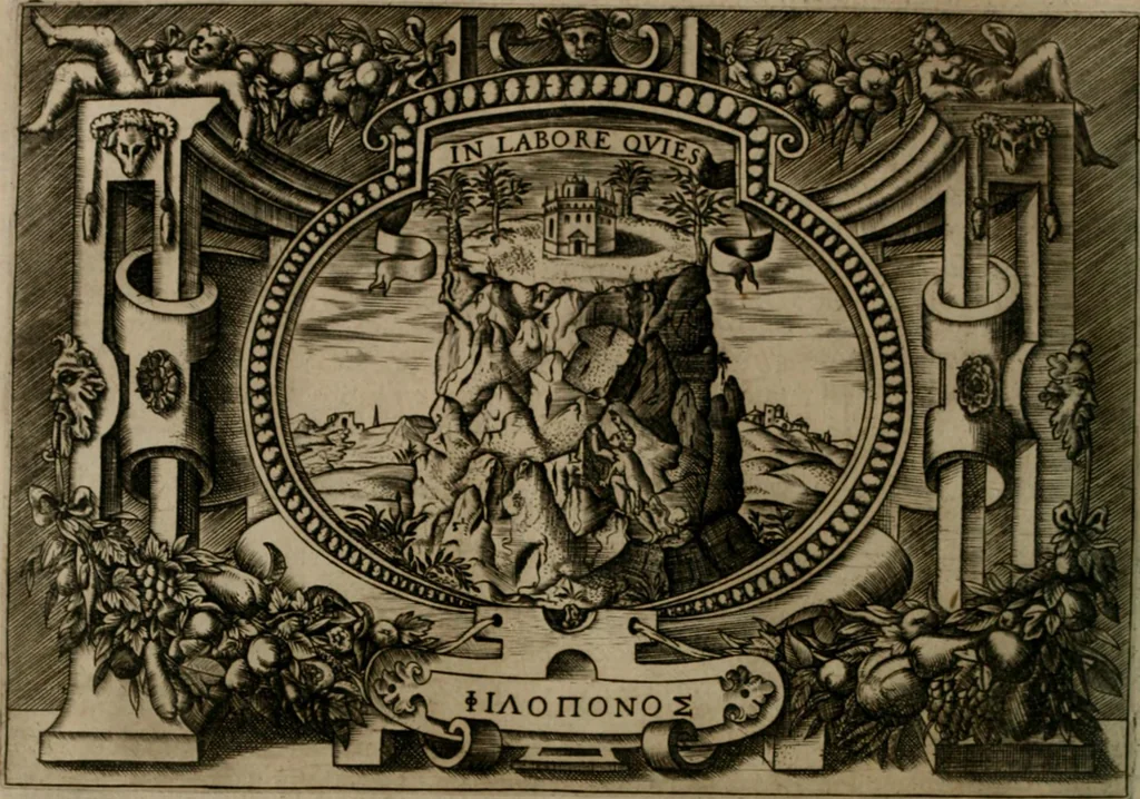 An illustration from Ragionamento di Luca Contile sopra la proprietà delle imprese con le particolari de gli academici Affidati et con le interpretationi et croniche .., 1574, leaf 225