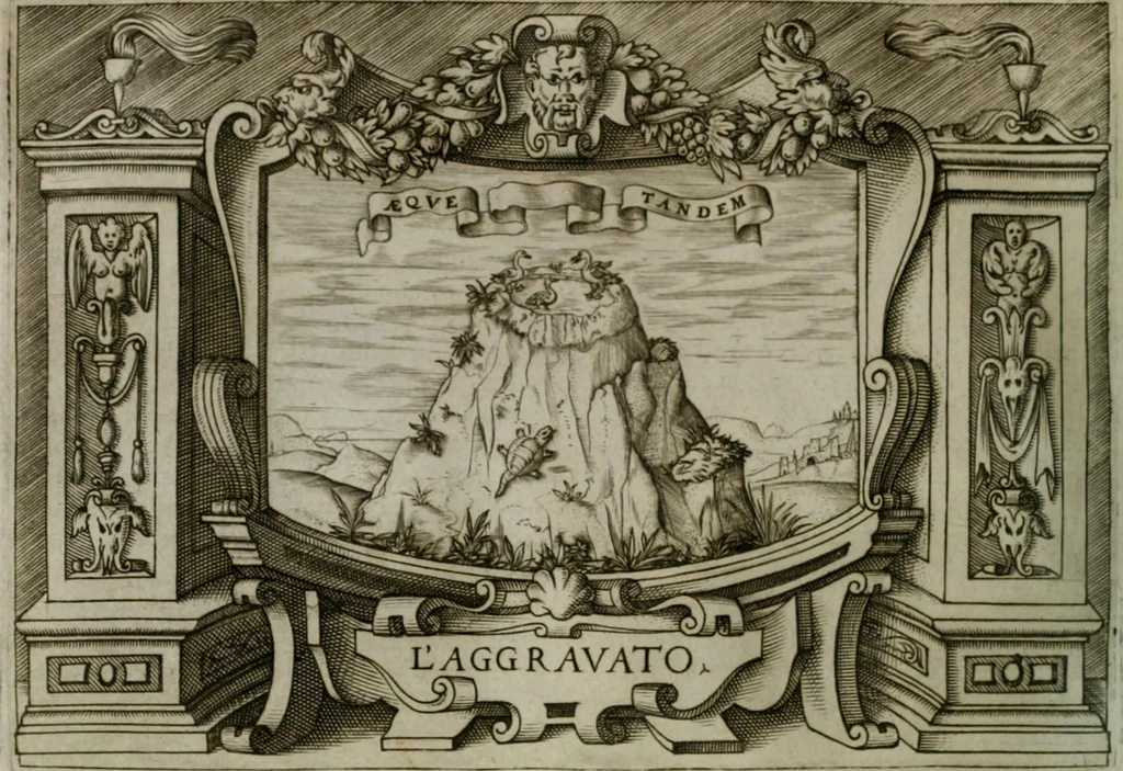 An illustration from Ragionamento di Luca Contile sopra la proprietà delle imprese con le particolari de gli academici Affidati et con le interpretationi et croniche .., 1574, leaf 241