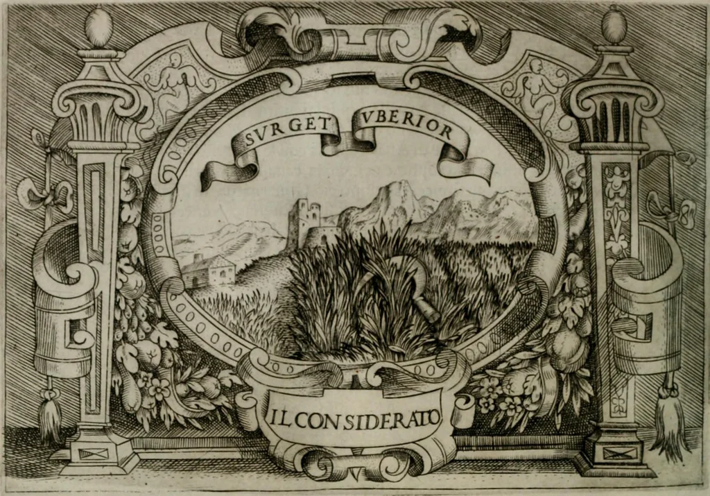 An illustration from Ragionamento di Luca Contile sopra la proprietà delle imprese con le particolari de gli academici Affidati et con le interpretationi et croniche .., 1574, leaf 257