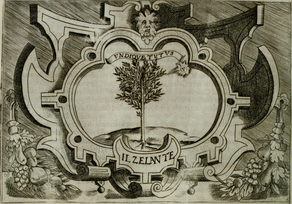 An illustration from Ragionamento di Luca Contile sopra la proprietà delle imprese con le particolari de gli academici Affidati et con le interpretationi et croniche .., 1574, leaf 283