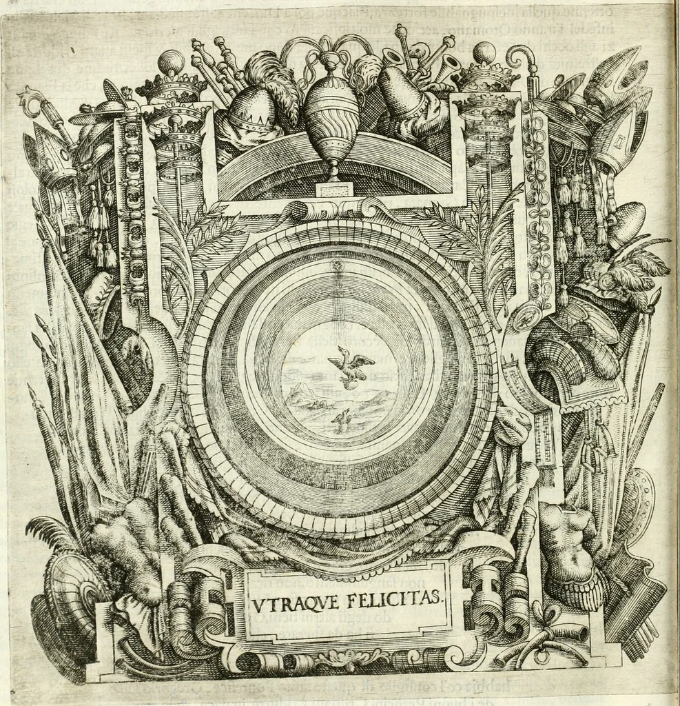An illustration from Ragionamento di Lvca Contile sopra la proprietà delle imprese : con le particolari de gli academici Affidati et con le interpretationi et croniche, 1574, leaf 105
