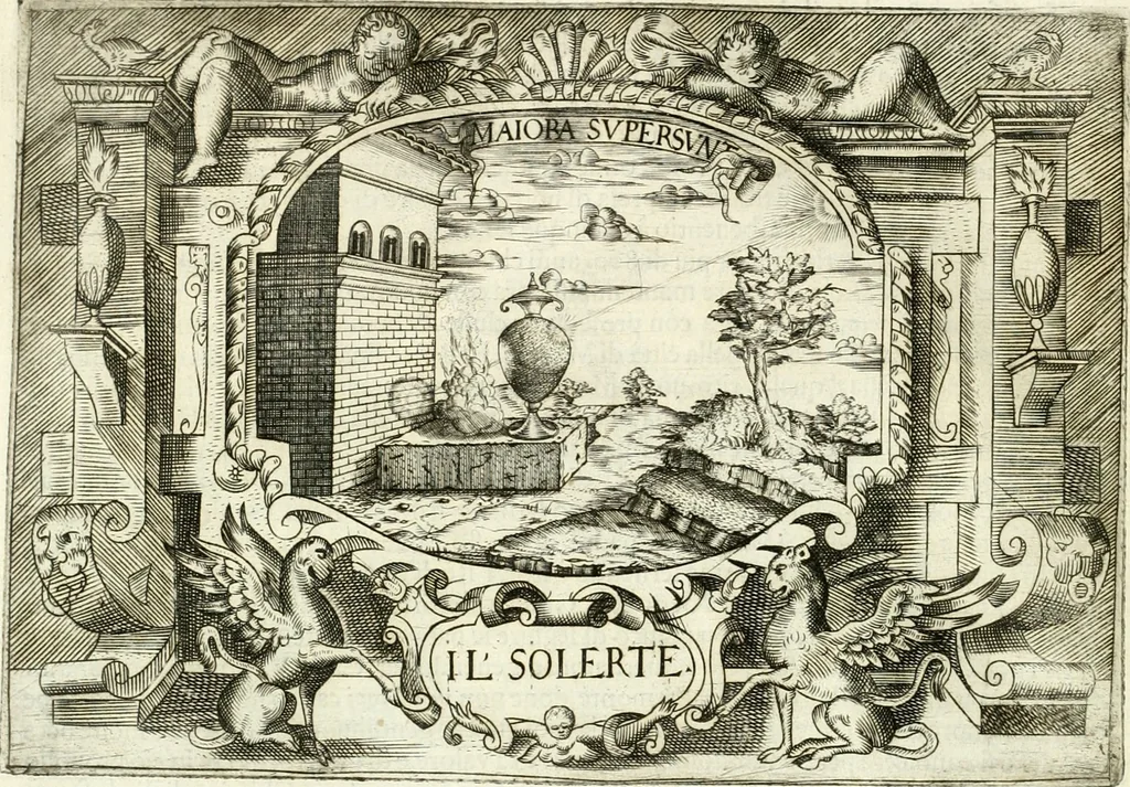 An illustration from Ragionamento di Lvca Contile sopra la proprietà delle imprese : con le particolari de gli academici Affidati et con le interpretationi et croniche, 1574, leaf 111
