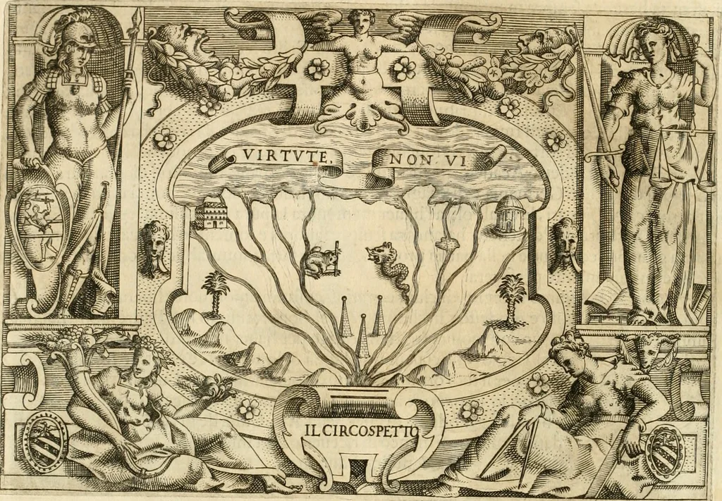 An illustration from Ragionamento di Lvca Contile sopra la proprietà delle imprese : con le particolari de gli academici Affidati et con le interpretationi et croniche, 1574, leaf 155