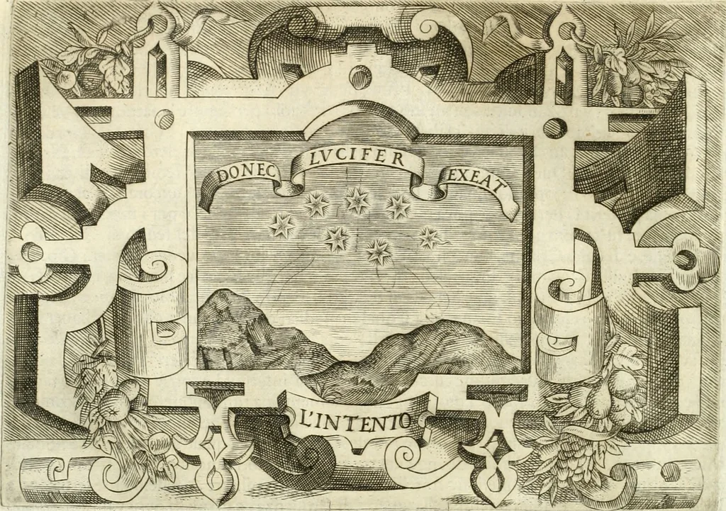 An illustration from Ragionamento di Lvca Contile sopra la proprietà delle imprese : con le particolari de gli academici Affidati et con le interpretationi et croniche, 1574, leaf 165