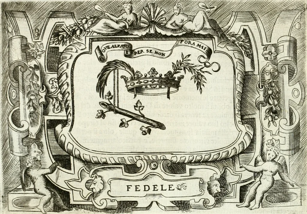 An illustration from Ragionamento di Lvca Contile sopra la proprietà delle imprese : con le particolari de gli academici Affidati et con le interpretationi et croniche, 1574, leaf 175