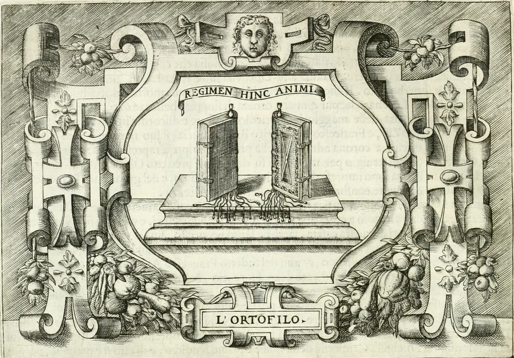 An illustration from Ragionamento di Lvca Contile sopra la proprietà delle imprese : con le particolari de gli academici Affidati et con le interpretationi et croniche, 1574, leaf 177