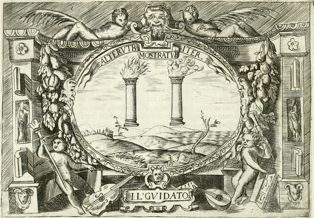 An illustration from Ragionamento di Lvca Contile sopra la proprietà delle imprese : con le particolari de gli academici Affidati et con le interpretationi et croniche, 1574, leaf 179