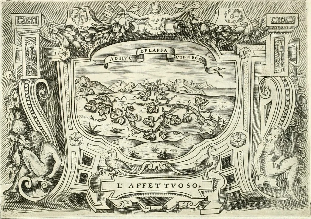An illustration from Ragionamento di Lvca Contile sopra la proprietà delle imprese : con le particolari de gli academici Affidati et con le interpretationi et croniche, 1574, leaf 187