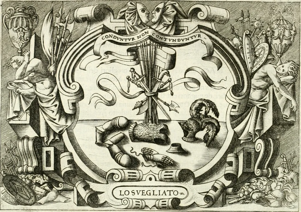 An illustration from Ragionamento di Lvca Contile sopra la proprietà delle imprese : con le particolari de gli academici Affidati et con le interpretationi et croniche, 1574, leaf 195