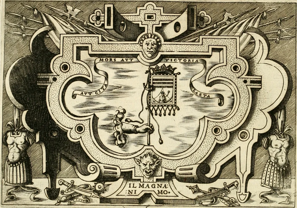An illustration from Ragionamento di Lvca Contile sopra la proprietà delle imprese : con le particolari de gli academici Affidati et con le interpretationi et croniche, 1574, leaf 199