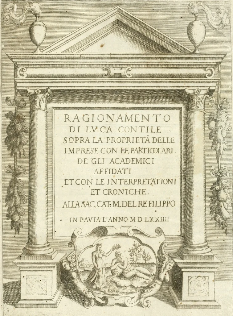 An illustration from Ragionamento di Lvca Contile sopra la proprietà delle imprese : con le particolari de gli academici Affidati et con le interpretationi et croniche, 1574, leaf 2