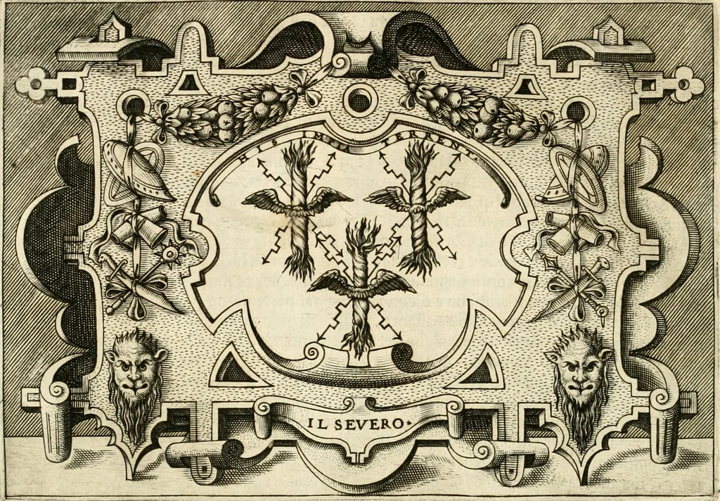 An illustration from Ragionamento di Lvca Contile sopra la proprietà delle imprese : con le particolari de gli academici Affidati et con le interpretationi et croniche, 1574, leaf 201