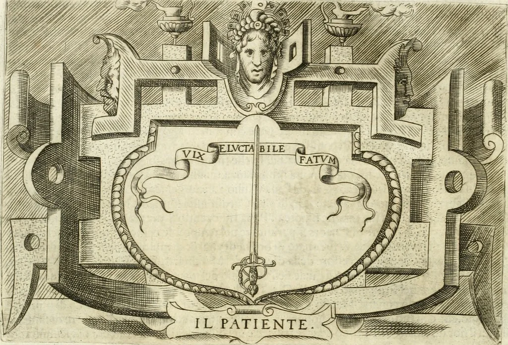 An illustration from Ragionamento di Lvca Contile sopra la proprietà delle imprese : con le particolari de gli academici Affidati et con le interpretationi et croniche, 1574, leaf 207
