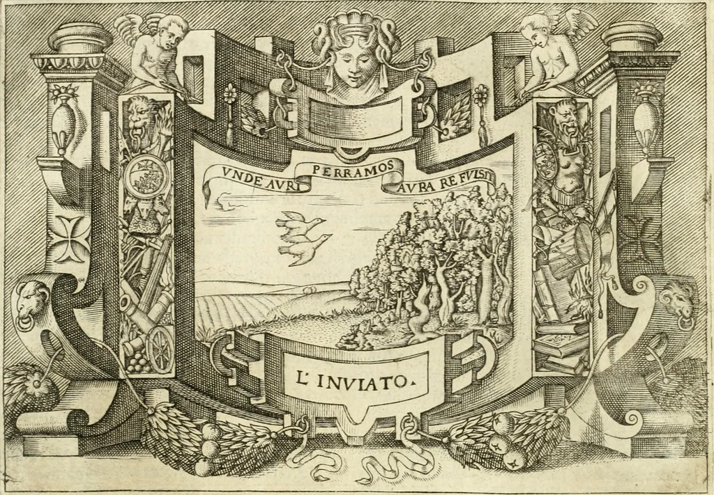 An illustration from Ragionamento di Lvca Contile sopra la proprietà delle imprese : con le particolari de gli academici Affidati et con le interpretationi et croniche, 1574, leaf 211