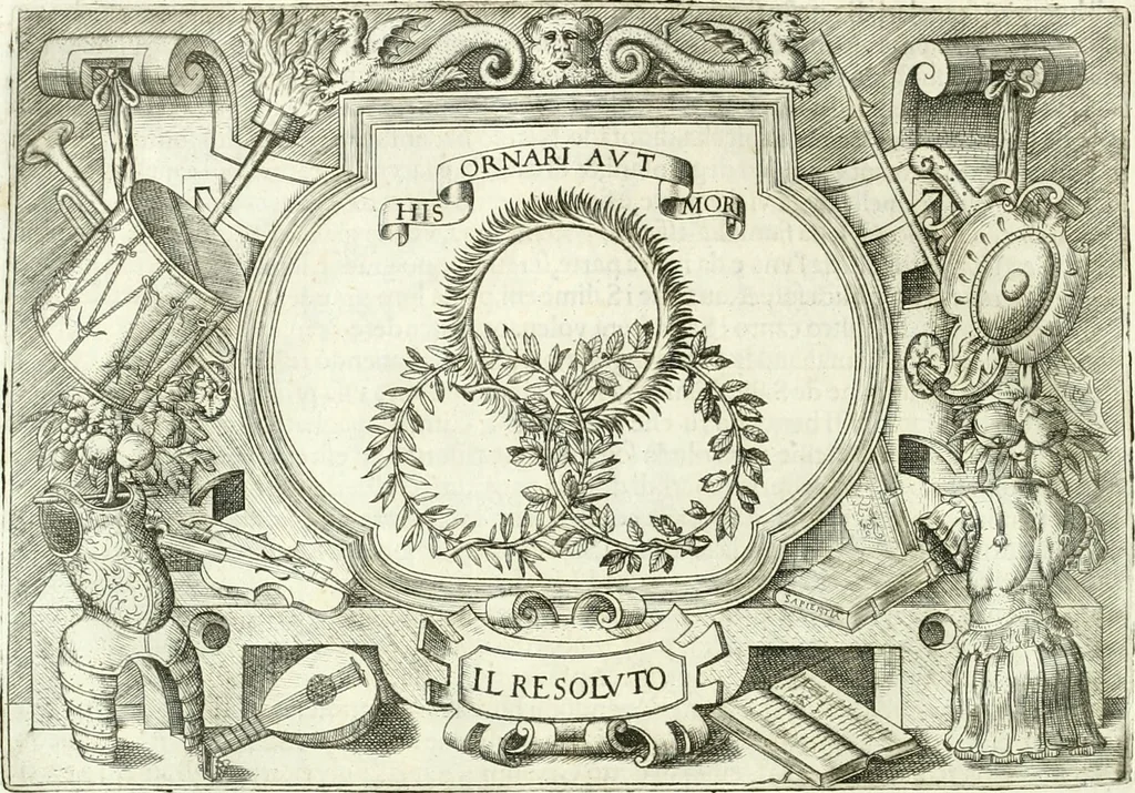 An illustration from Ragionamento di Lvca Contile sopra la proprietà delle imprese : con le particolari de gli academici Affidati et con le interpretationi et croniche, 1574, leaf 217