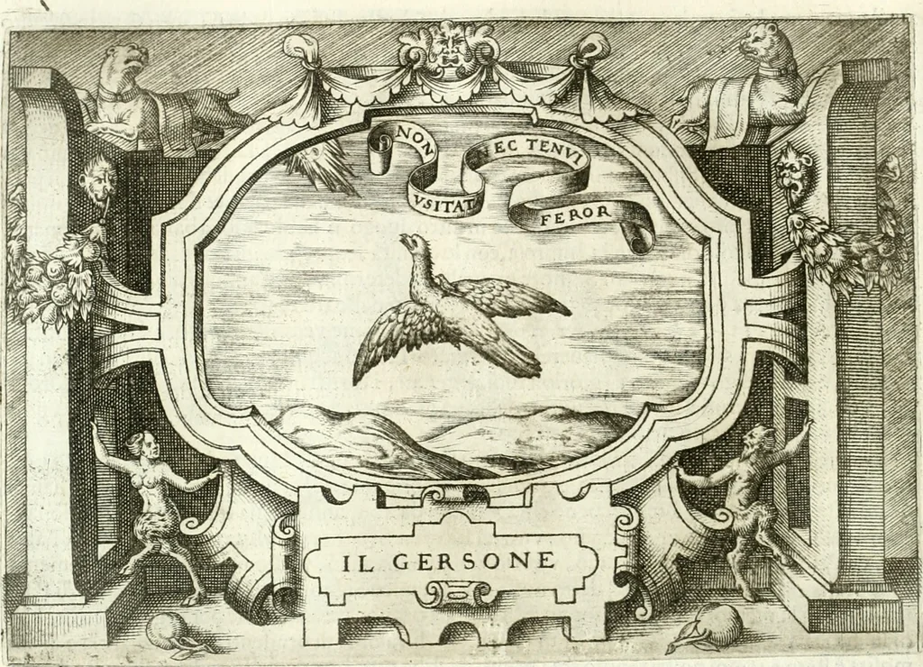 An illustration from Ragionamento di Lvca Contile sopra la proprietà delle imprese : con le particolari de gli academici Affidati et con le interpretationi et croniche, 1574, leaf 219