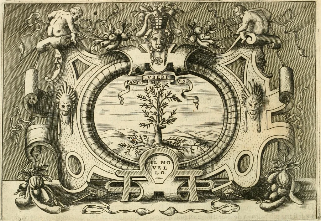 An illustration from Ragionamento di Lvca Contile sopra la proprietà delle imprese : con le particolari de gli academici Affidati et con le interpretationi et croniche, 1574, leaf 221