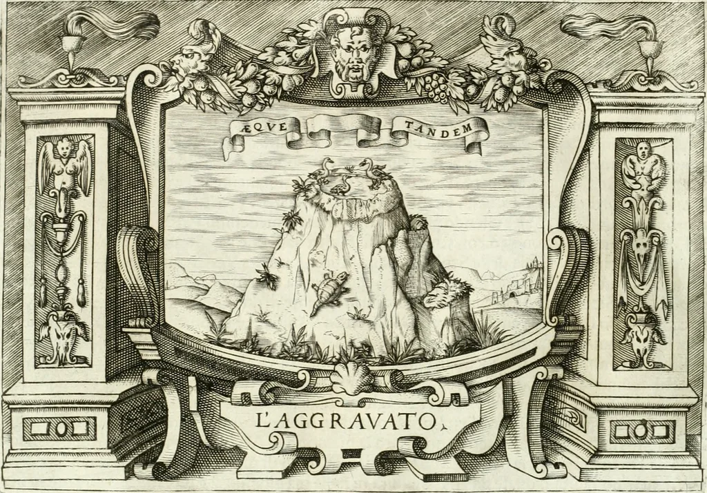 An illustration from Ragionamento di Lvca Contile sopra la proprietà delle imprese : con le particolari de gli academici Affidati et con le interpretationi et croniche, 1574, leaf 239
