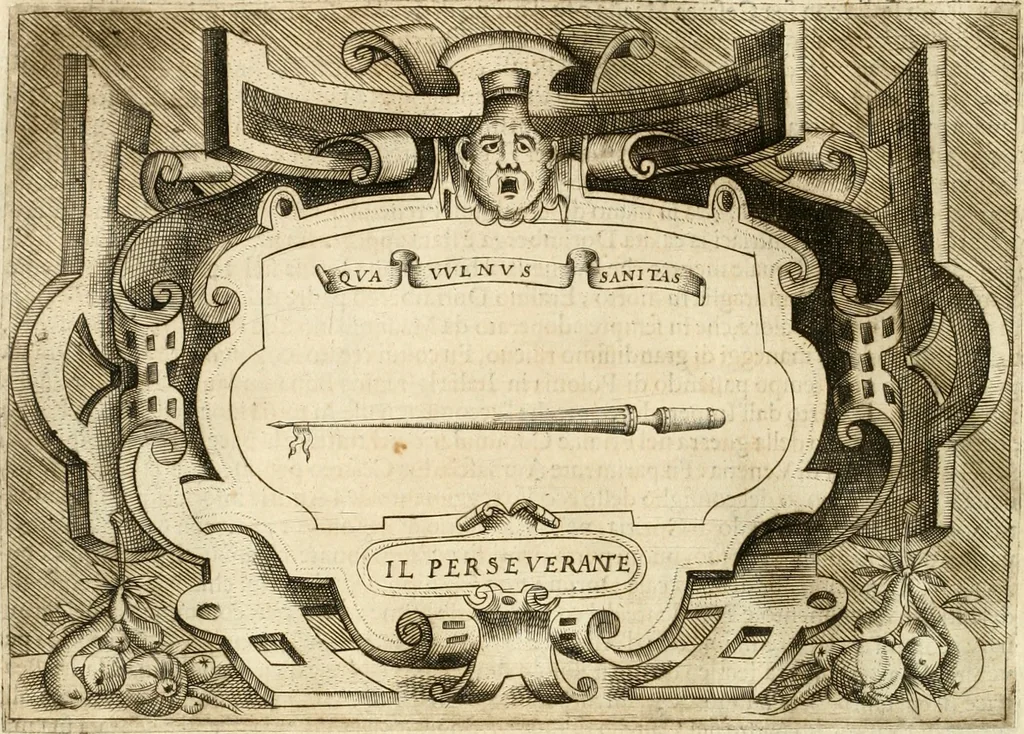 An illustration from Ragionamento di Lvca Contile sopra la proprietà delle imprese : con le particolari de gli academici Affidati et con le interpretationi et croniche, 1574, leaf 253
