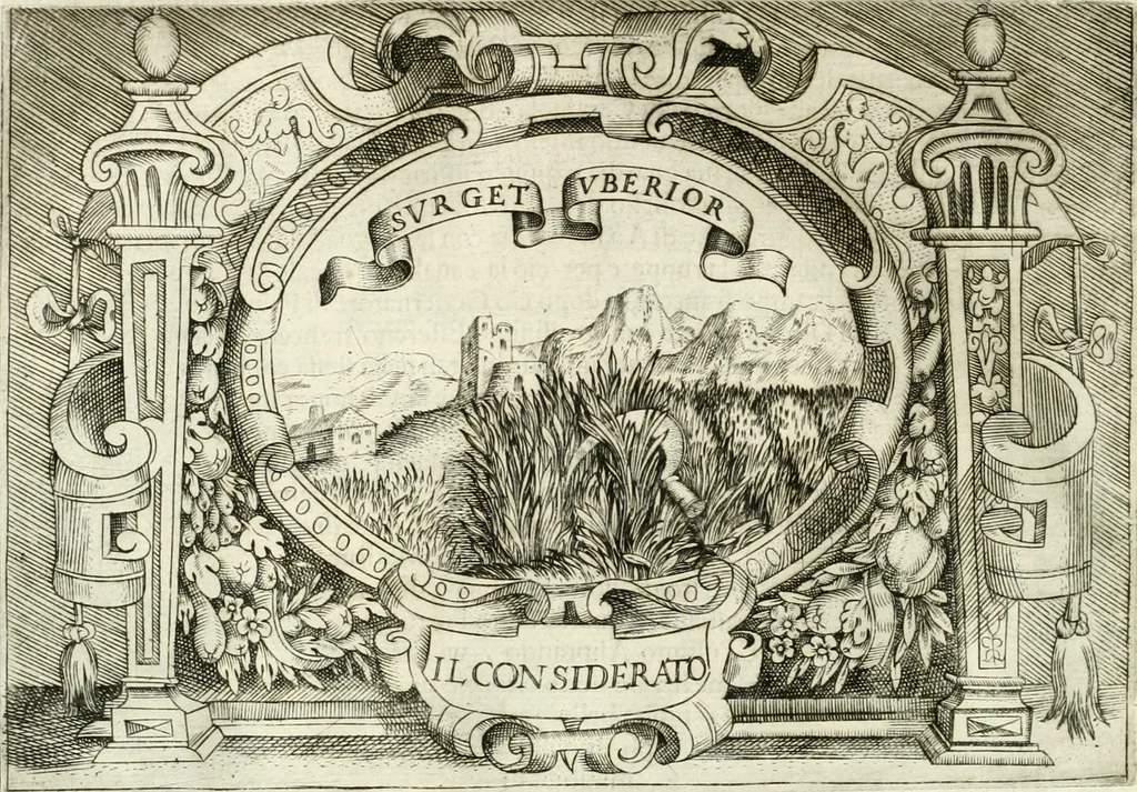 An illustration from Ragionamento di Lvca Contile sopra la proprietà delle imprese : con le particolari de gli academici Affidati et con le interpretationi et croniche, 1574, leaf 255