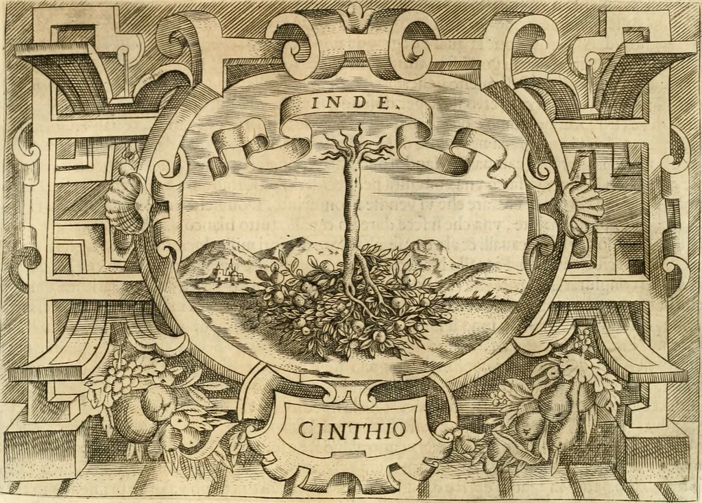 An illustration from Ragionamento di Lvca Contile sopra la proprietà delle imprese : con le particolari de gli academici Affidati et con le interpretationi et croniche, 1574, leaf 265