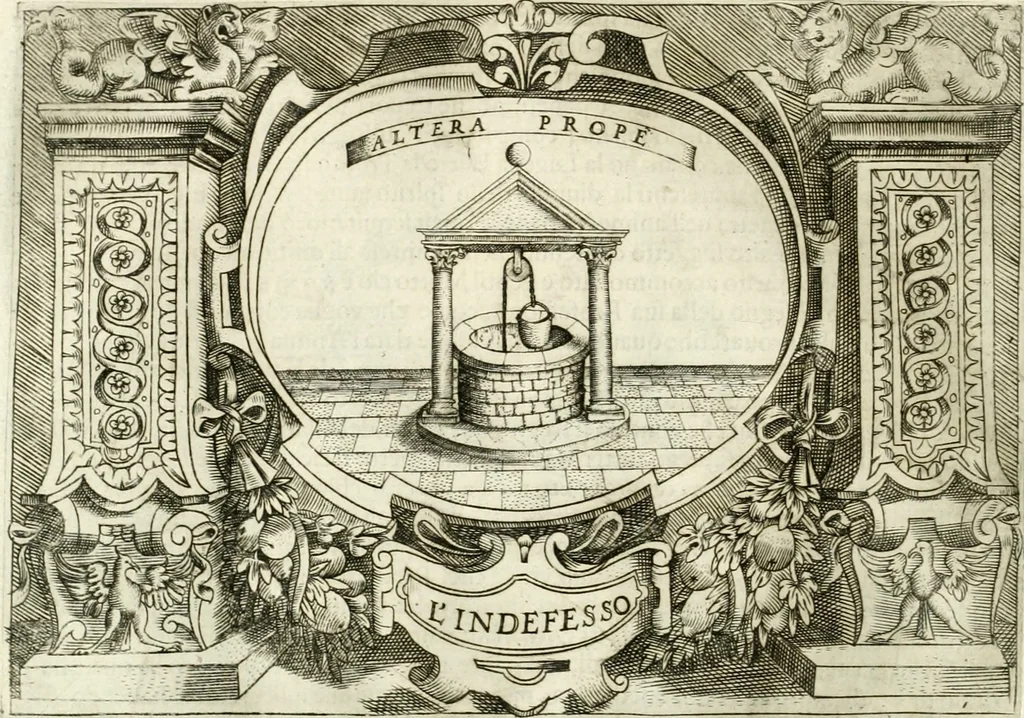 An illustration from Ragionamento di Lvca Contile sopra la proprietà delle imprese : con le particolari de gli academici Affidati et con le interpretationi et croniche, 1574, leaf 279