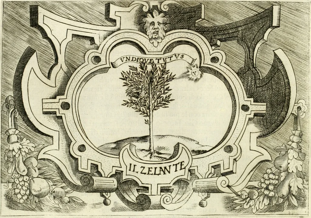 An illustration from Ragionamento di Lvca Contile sopra la proprietà delle imprese : con le particolari de gli academici Affidati et con le interpretationi et croniche, 1574, leaf 281