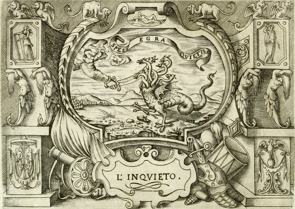 An illustration from Ragionamento di Lvca Contile sopra la proprietà delle imprese : con le particolari de gli academici Affidati et con le interpretationi et croniche, 1574, leaf 285