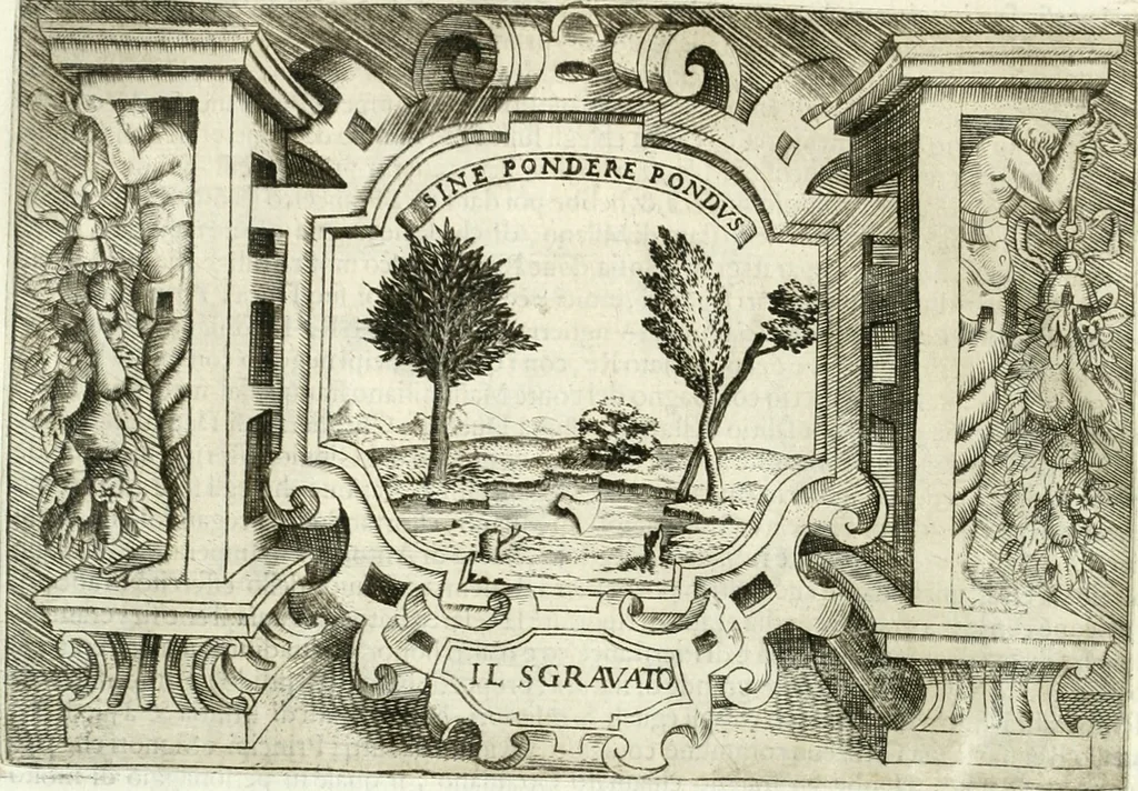 An illustration from Ragionamento di Lvca Contile sopra la proprietà delle imprese : con le particolari de gli academici Affidati et con le interpretationi et croniche, 1574, leaf 295