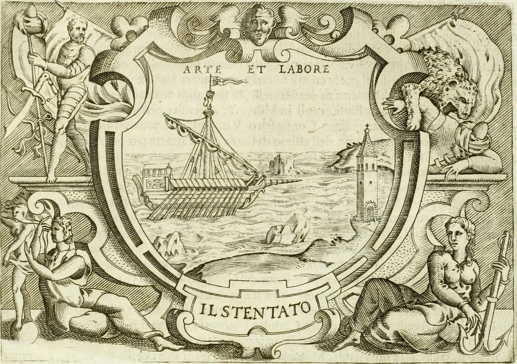 An illustration from Ragionamento di Lvca Contile sopra la proprietà delle imprese : con le particolari de gli academici Affidati et con le interpretationi et croniche, 1574, leaf 321